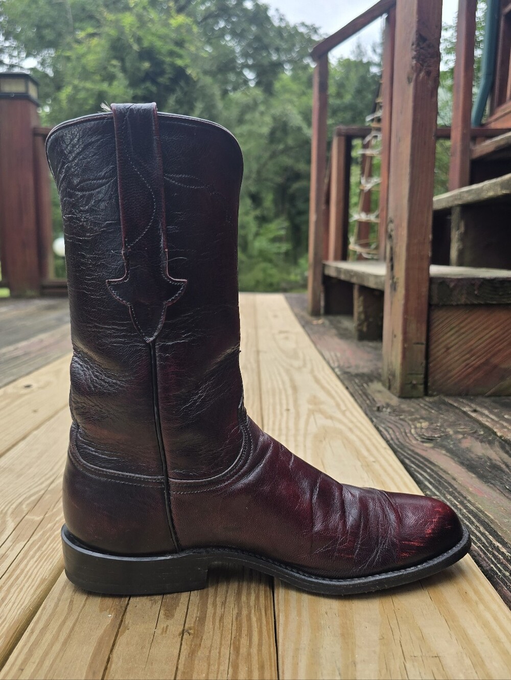 Lucchese, Vintage Womens Black Cherry Leather, Round Toe Roper Boots, Sz 8.5B - Picture 5 of 13